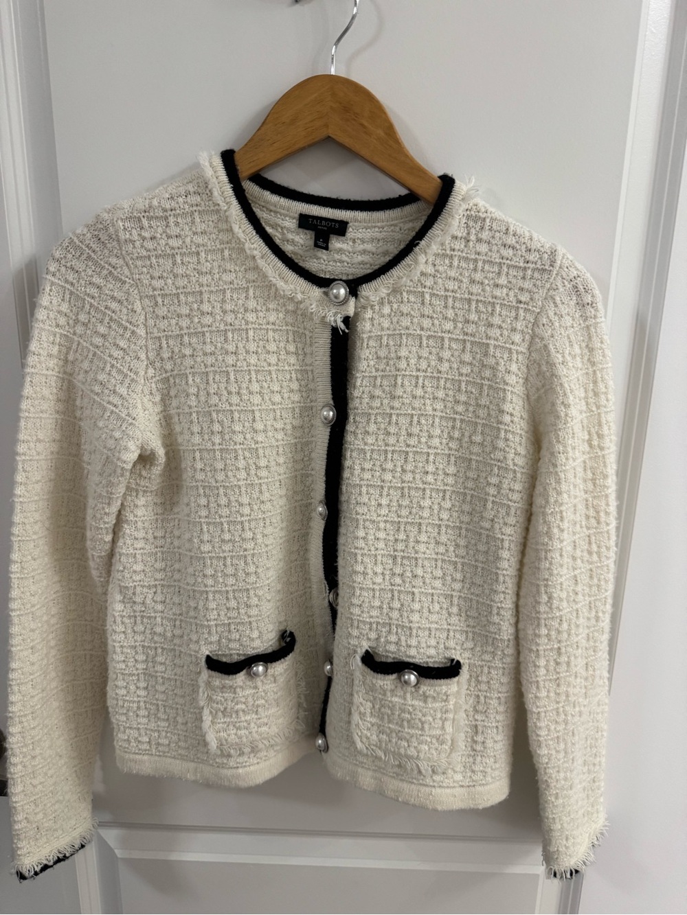 Talbots Cream Bouclé Cardigan with Black Trim and Pearl Buttons